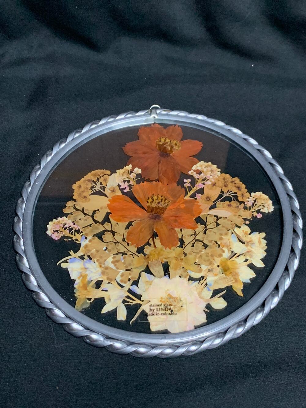 Vintage 1980s Stained Glass by Linda Pressed Flower Suncatcher Colorado